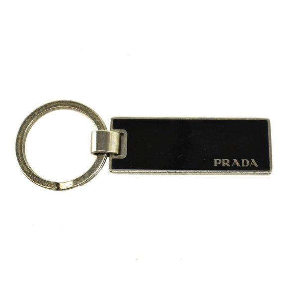 PRADA: Silver Metal & Black Enamel Logo Key Ring - Picture 1 of 4